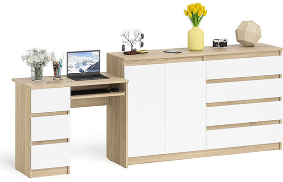 Мори компьютерный стол МС-6 левый + Комод МК1600.1, дуб сонома/белый