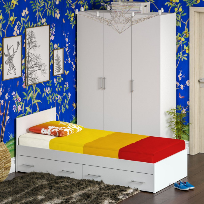 Спальня Стандарт 1-0900Я, цвет белый, ШхГхВ 93,5х203,5х70 + 135х52х200 см., сп.м. 900х2000 мм., без матраса, основание есть