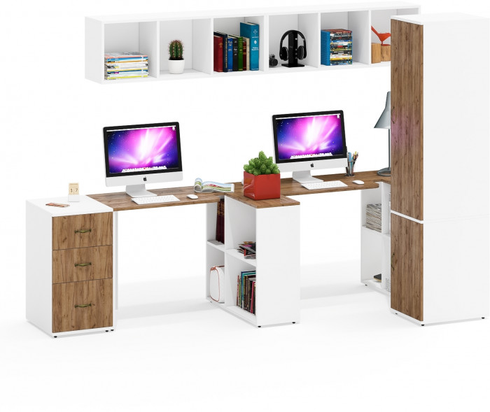 Лидер-8 Стол + Полка + Стол + Полка + Пенал МД 23Б + Тумба МД 3.16, белый шагрень/крафт золото