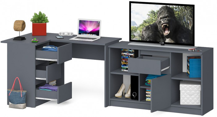 Мори Стол компьютерный МС-16 левый + Тумба МТВ1204.1, цвет графит, ШхГхВ 244,8х84,9х76,6 см., выдвижные ящики слева, НЕ универсальная сборка