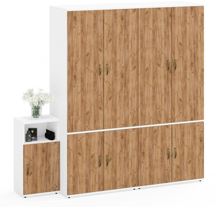 Лидер-8 Шкаф МД 19Б + Шкаф МД 19Б + Тумба МД 3.19, белый шагрень/крафт золото