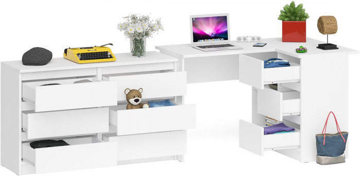 Мори компьютерный стол МС-16 правый + Комод МК1200.6, белый