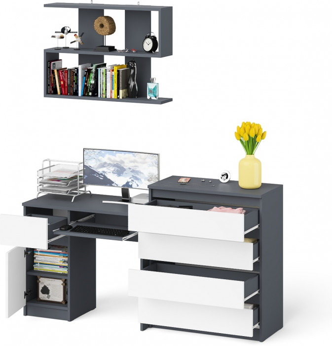 Мори Стол компьютерный МС-1 левый + Комод МК800.4 + Полка 900, цвет графит/белый, ШхГхВ 170,4х50х209,6 см., НЕ универсальная сборка