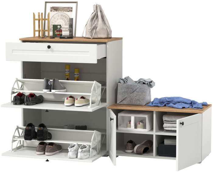 Остин 16.121 Тумба для обуви + 13.257 Тумба, белый шагрень/дуб крафт золотой