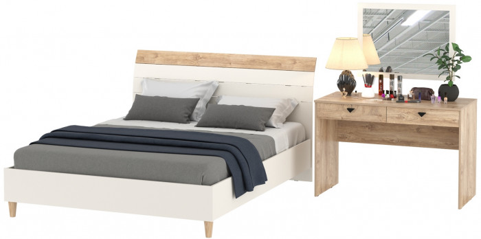 Муссон Кровать 11.41 + ортопед + Бостон 12.69 + Зеркало СВК, цвет белый/дуб эндгрейн элегантный, сп. м. 1600х2000 мм., б/м