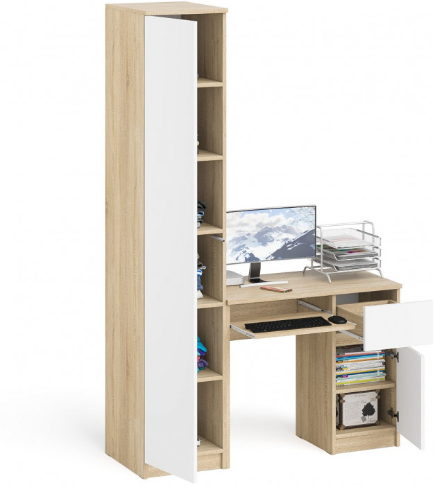Мори Стол компьютерный МС-1 правый + Пенал МШ400.1, цвет дуб сонома/белый, ШхГхВ 130,4х50,4х209,6 см., выдвижной ящик справа, НЕ универсальная сборка