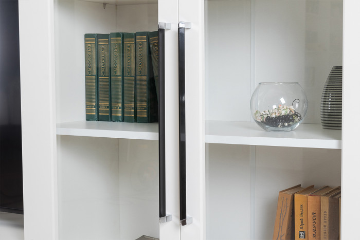 Валенсия Гостиная № 098, цвет ЛДСП белый шагрень/МДФ белый шагрень, ШхГхВ 272,3х38,4х225,2 см., ниша для ТВ 133х38х100 см., универсальная сборка