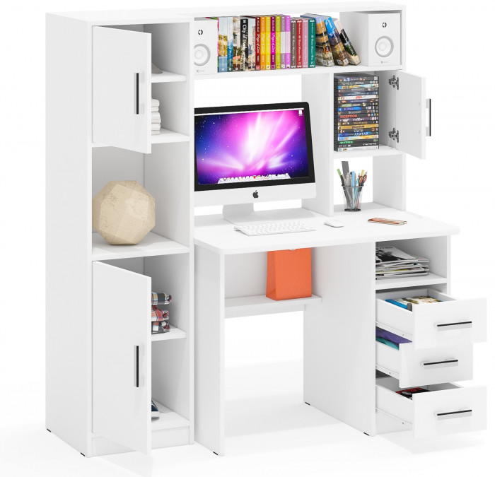 Стол компьютерный С-МД-СК9+Пенал С-МД-СК9П, цвет белый шагрень, ШхГхВ 145х70х160 см., НЕ универсальная сборка