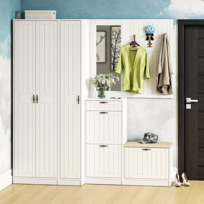 Прихожая П-6 Компоновка № 51, цвет белая шагрень/фасады МДФ белое дерево фрезеровка прованс, ШхГхВ 200х50х210 см., универсальная сборка