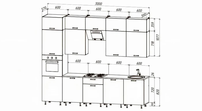 Кухня Рио NEW ЛДСП 3,0м/1080м (490), Компановка №3/1, Белый глянец/Дуб Крафт