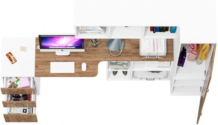 Лидер-8 Стол + Полка + Тумба МД 3.16 + Пенал МД 23Б, цвет белый шагрень/крафт золото, ШхГхВ 245х50/37,5х75/190 или 155х120/50х75/190 см., НЕ ун. сб.