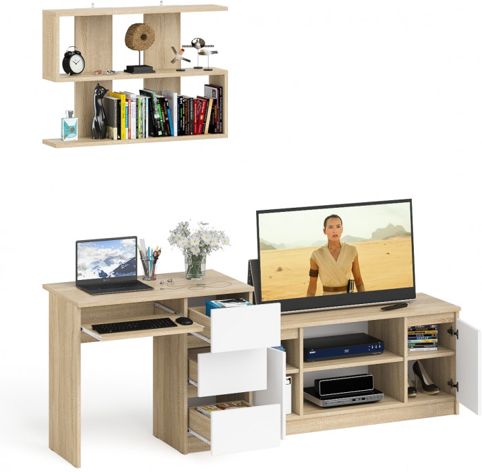 Мори Стол компьютерный МС-6 правый + Тумба МТВ1200.1 + Полка 900, цвет дуб сонома/белый, ШхГхВ 210,4х50х209,6 см., НЕ универсальная сборка
