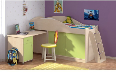 Детская кровать-чердак Дюймовочка-3 без лестницы, Дуб молочный / Салатовый