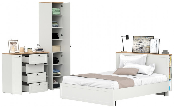 Остин 11.53 Кровать + ортопед + 13.225 Шкаф-пенал + 16.221 Комод, белый шагрень/дуб крафт золотой