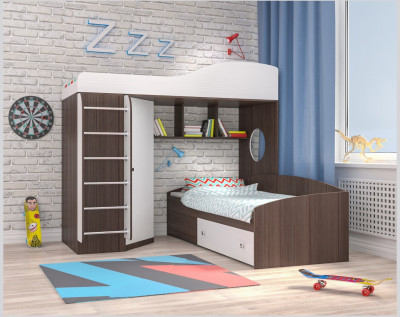 Кровать-чердак Кадет 2 с металлической лестницей (Ясень Анкор Темный/Белое дерево)