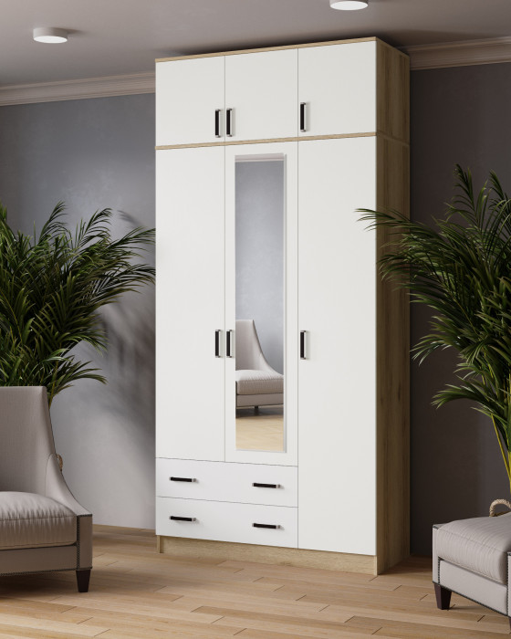 Шкаф комбинированный 1,2 Лагуна с антресолью и зеркалом, Дуб делано/Белый