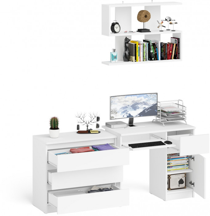 Мори Стол компьютерный МС-1 правый + Комод МК800.1 + Полка 900, цвет белый, ШхГхВ 170,4х50х209,6 см., НЕ универсальная сборка