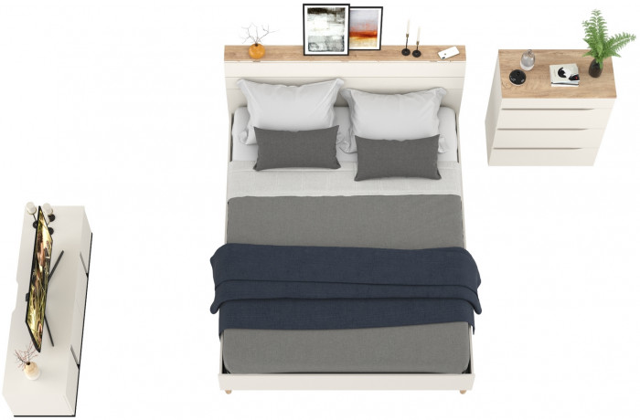 Муссон Кровать 11.41 + ортопед + Комод 13.97 + Тумба ТВ 13.276, цвет белый/чёрный/дуб эндгрейн элегантный, сп. м. 1600х2000 мм., б/м