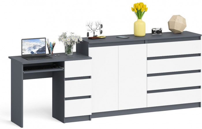 Мори Стол компьютерный МС-6 правый + Комод МК1600.1, цвет графит/белый, ШхГхВ 250,4х50х94 см., выдвижные ящики справа, НЕ универсальная сборка