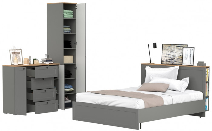 Остин 11.53 Кровать + ортопед + 13.225 Шкаф-пенал + 16.221 Комод, серый графит/дуб крафт золотой