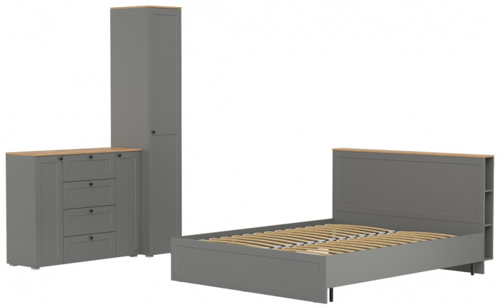 Остин 11.53 Кровать + ортопед + 13.225 Шкаф-пенал + 16.221 Комод, серый графит/дуб крафт золотой