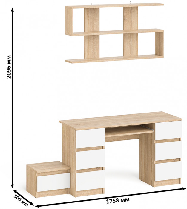 Мори Стол компьютерный МС-2 + Тумба ТМП400.1 + Полка 1200, цвет дуб сонома/белый, ШхГхВ 175,8х50х209,6 см., универсальная сборка