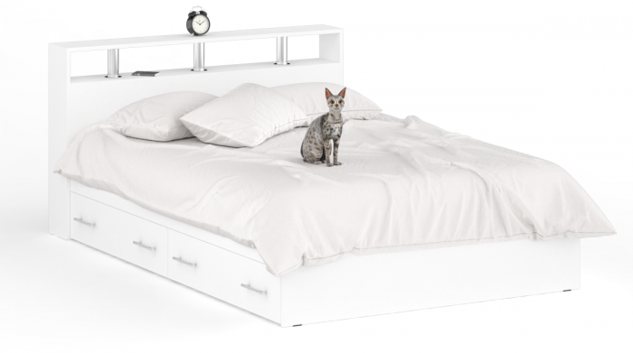 Камелия спальня № 12 Кровать с ящиками 1400 + Две тумбы + Комод + Зеркало, цвет белый, сп.м. 1400х2000 мм., б/м, основание есть