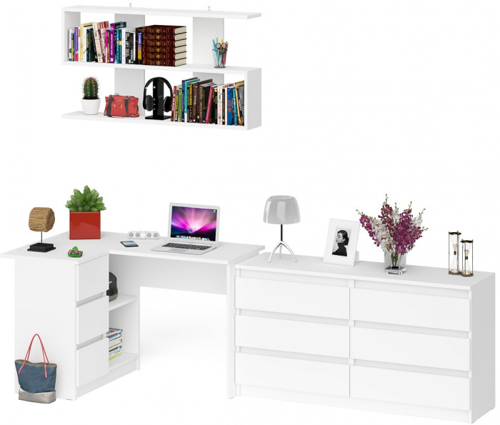 Мори компьютерный стол МС-16 левый + Комод МК1380.6 + Полка 1200, белый