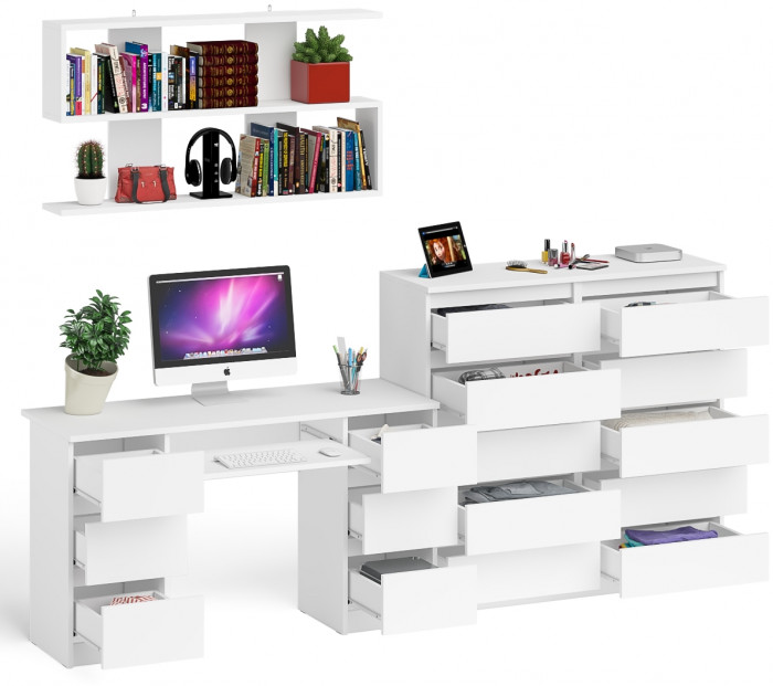 Мори компьютерный стол МС-2 + Комод МК1200.10 + Полка 1200, белый