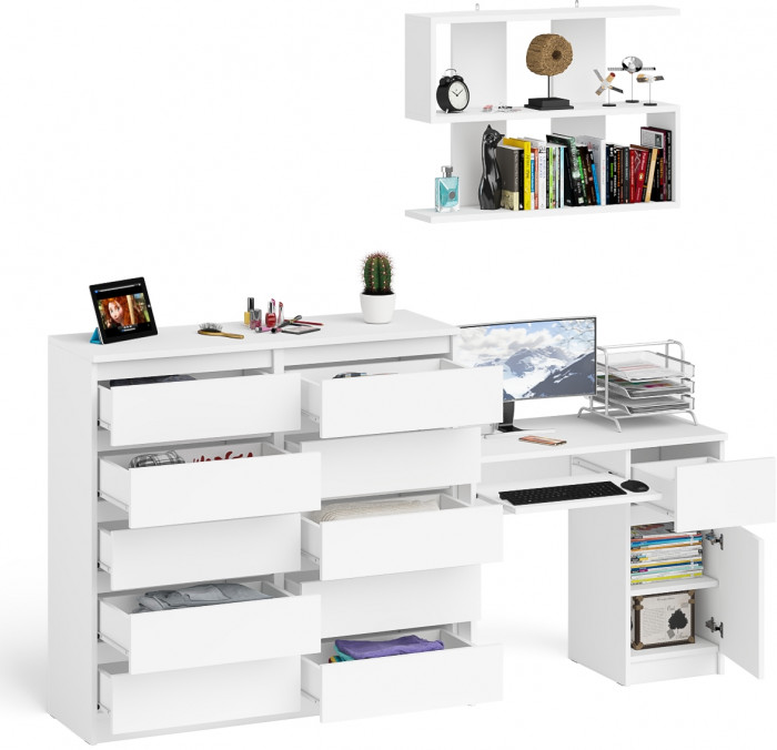 Мори Стол компьютерный МС-1 правый + Комод МК1200.10 + Полка 900, цвет белый, ШхГхВ 210,4х50х209,6 см., НЕ универсальная сборка