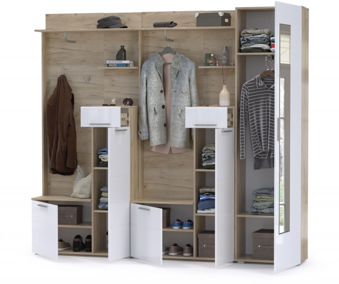 Лайн Прихожая № 03, цвет дуб крафт серый/фасады МДФ белый глянец, ШхГхВ 234,6х35,1х210 см., НЕ универсальная сборка