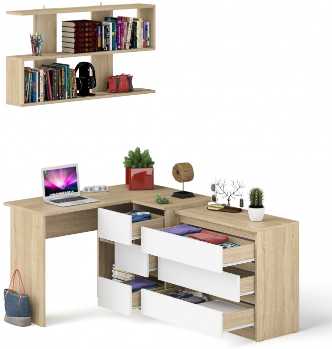 Мори компьютерный стол МС-16 правый + Комод МК800.1 + Полка 1200, дуб сонома/белый