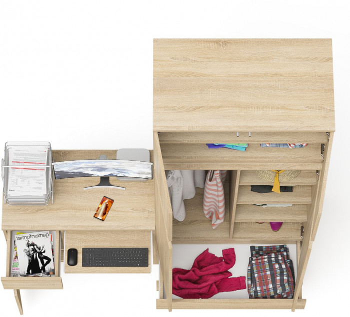 Мори Стол компьютерный МС-1 левый + Шкаф МШ900.1 + Антресоль МА900.1, цвет дуб сонома, ШхГхВ 180,4х50,4х234,2 см., выдвиж. ящик слева, НЕ универс. сб.