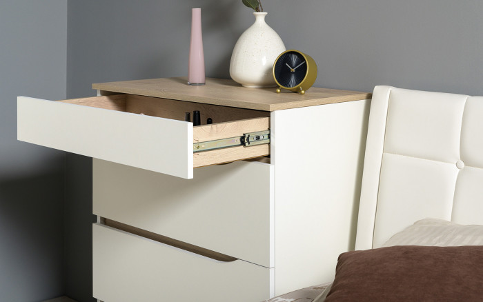 Муссон Кровать 11.41 + ортопед + Тумба 16.03 + Комод 13.97 + Тумба ТВ 13.276, цвет белый/чёрный/дуб эндгрейн элегантный, сп. м. 1600х2000 мм., б/м