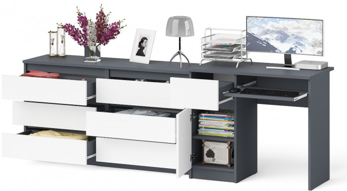 Мори компьютерный стол МС-1 левый + Комод МК1380.6, графит/белый