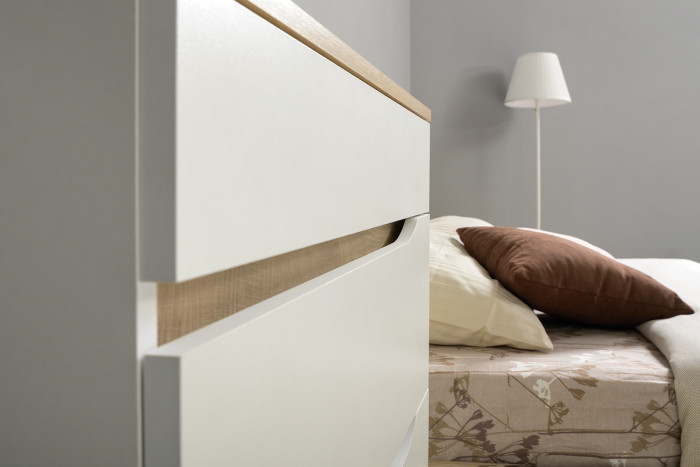 Муссон 13.97 Комод + 13.97 Комод, цвет белый/дуб эндгрейн элегантный, ШхГхВ 154х39,4х92,6 см., четыре выдвижных ящика, ручки-вырезы