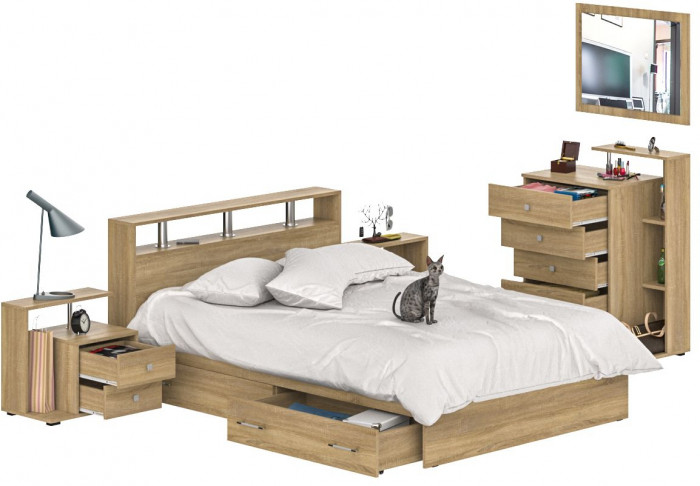 Камелия спальня № 12 Кровать с ящиками 1400 + Две тумбы + Комод + Зеркало, цвет дуб сонома, сп.м. 1400х2000 мм., б/м, основание есть