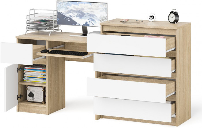 Мори Стол компьютерный МС-1 левый + Комод МК800.4, цвет дуб сонома/белый, ШхГхВ 170,4х50х94 см., выдвижной ящик слева, НЕ универсальная сборка