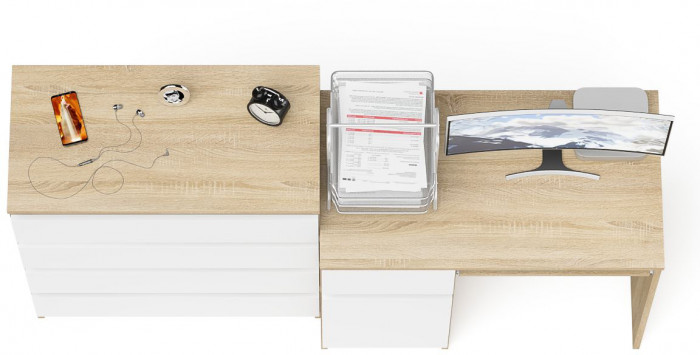Мори Стол компьютерный МС-1 левый + Комод МК800.4, цвет дуб сонома/белый, ШхГхВ 170,4х50х94 см., выдвижной ящик слева, НЕ универсальная сборка