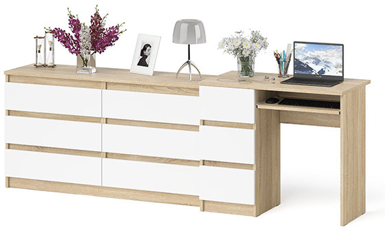 Мори Стол компьютерный МС-6 левый + Комод МК1380.6, цвет дуб сонома/белый, ШхГхВ 228х50х76,6 см., выдвижные ящики слева, НЕ универсальная сборка