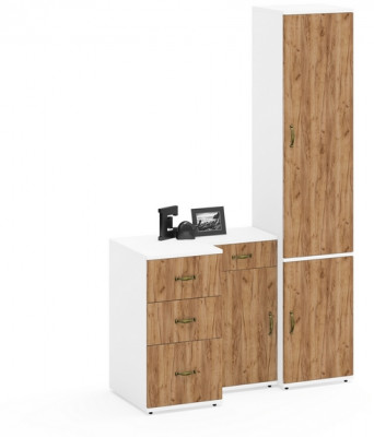 Лидер-8 Пенал МД 22Б + Тумба МД 3.15 + Тумба МД 3.16, белый шагрень/крафт золото