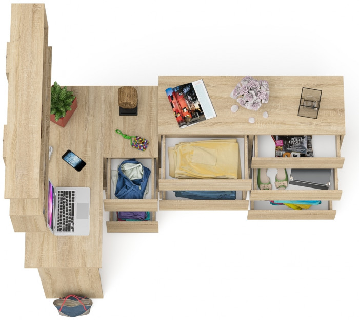 Мори компьютерный стол МС-16 правый + Комод МК1200.8 + Полка 1200, дуб сонома