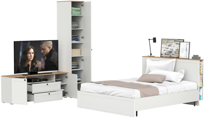 Остин 11.53 Кровать + ортопед + 13.225 Шкаф-пенал + 16.47 Тумба под ТВ, белый шагрень/дуб крафт золотой