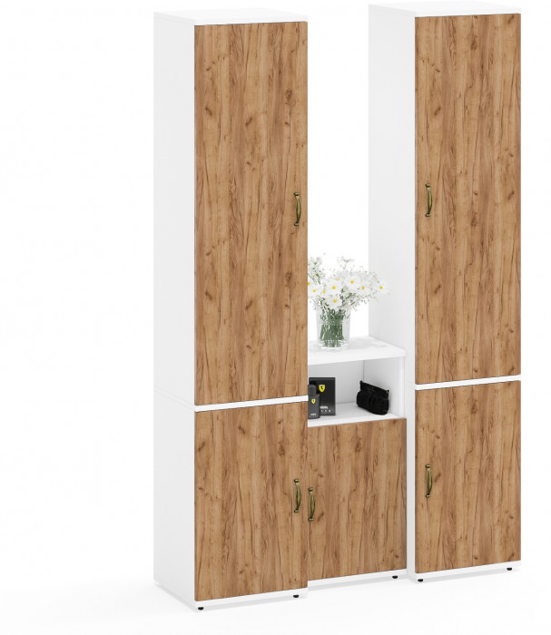 Лидер-8 Пенал МД 21Б + Пенал МД 21Б + Тумба МД 3.19, цвет белый шагрень/крафт золото, ШхГхВ 120х37,5х190 см., универсальная сборка