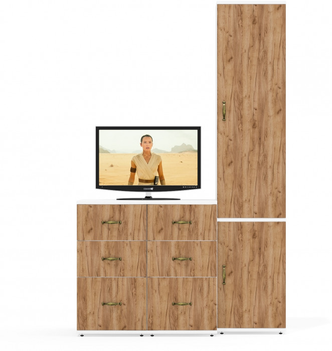 Лидер-8 Пенал МД 22Б + Тумба МД 3.16 + Тумба МД 3.16, цвет белый шагрень/крафт золото, ШхГхВ 120х50х190 см., универсальная сборка