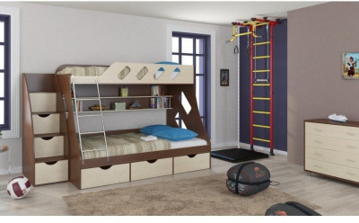 Детская двухъярусная кровать Дельта 20.01+23.02+25 (Желтый, Дуб молочный)