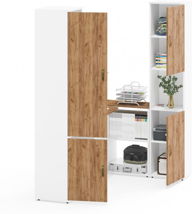 Лидер-8 Пенал МД 21Б + Стол + Пенал, цвет белый шагрень/крафт золото, ШхГхВ 245х50/37,5х75/190 или 155х120/50х75/190 см., НЕ универсальная сборка