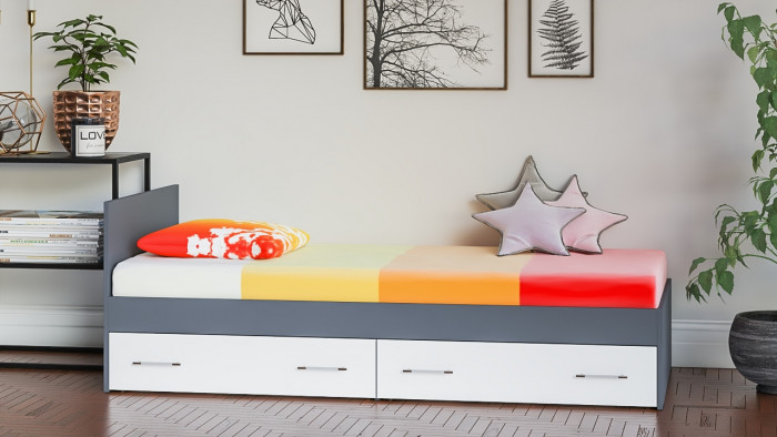 Мори Кровать с ящиками 0900, цвет графит/белый, ШхГхВ 93,5х203,5х70 см., сп.м. 900х2000 мм., без матраса, основание есть