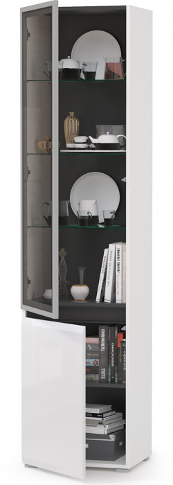 Сидней 13.201 Шкаф-витрина, цвет корпус: белый/чёрный/фасады: МДФ белый глянец/прозрачное стекло с серой тонировкой, ШхГхВ 50х41,3х205,2 см., ун. сб.