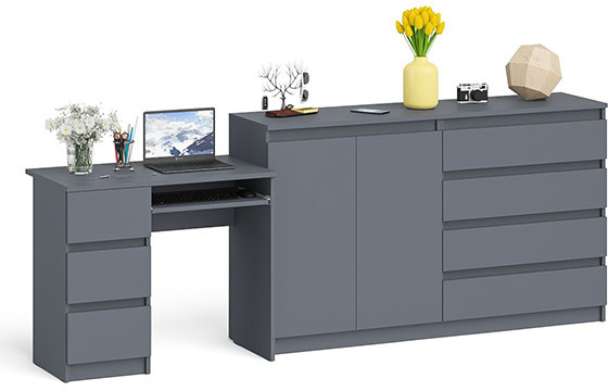 Мори Стол компьютерный МС-6 левый + Комод МК1600.1, цвет графит, ШхГхВ 250,4х50х94 см., выдвижные ящики слева, НЕ универсальная сборка